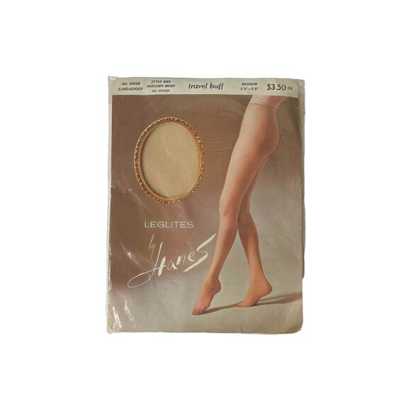 1970s NOS Leglites By Hanes Agilon Mesh Nylon Travel Buff Sheer Pantyhose Sz M - Picture 1 of 3